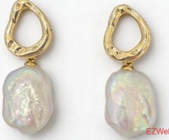 14K Gold Earrings with Baroque Pearls 4cm