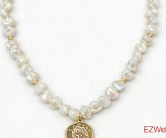 14K Gold Baroque Pearl Choker Necklace with Gold Coin 45cm